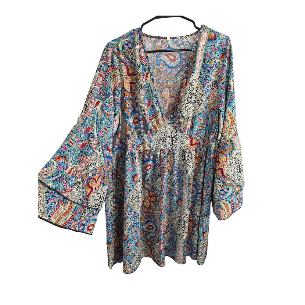 Boho Paisley Print Bell Sleeve V-Neck Dress Plus Size 1XL Multi-Color Mini